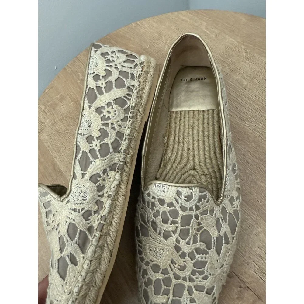 Cole Haan Cream Lace Embroidered Palermo‎ Beige Espadrilles Size 9.5 Bohemain